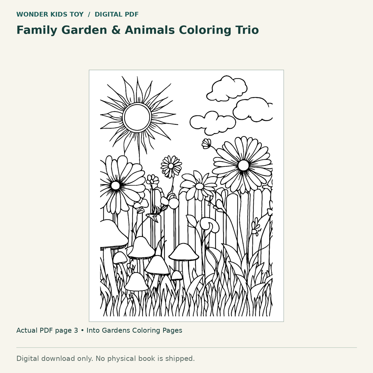Family Garden & Animals Coloring Trio: actual page 3 from Into Gardens Coloring Pages. Digital only; no physical book.