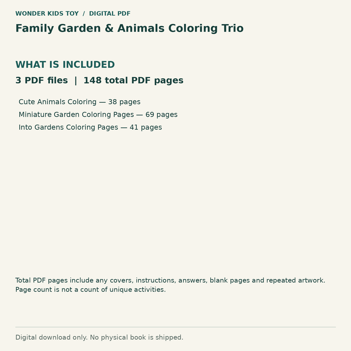 Family Garden & Animals Coloring Trio: Contents: 3 PDF files, 148 total PDF pages. Digital only; no physical book.