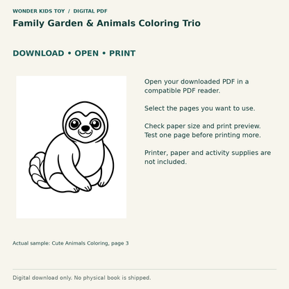 Family Garden & Animals Coloring Trio: Download, open and print guidance with an actual PDF page preview. Digital only; no physical book.