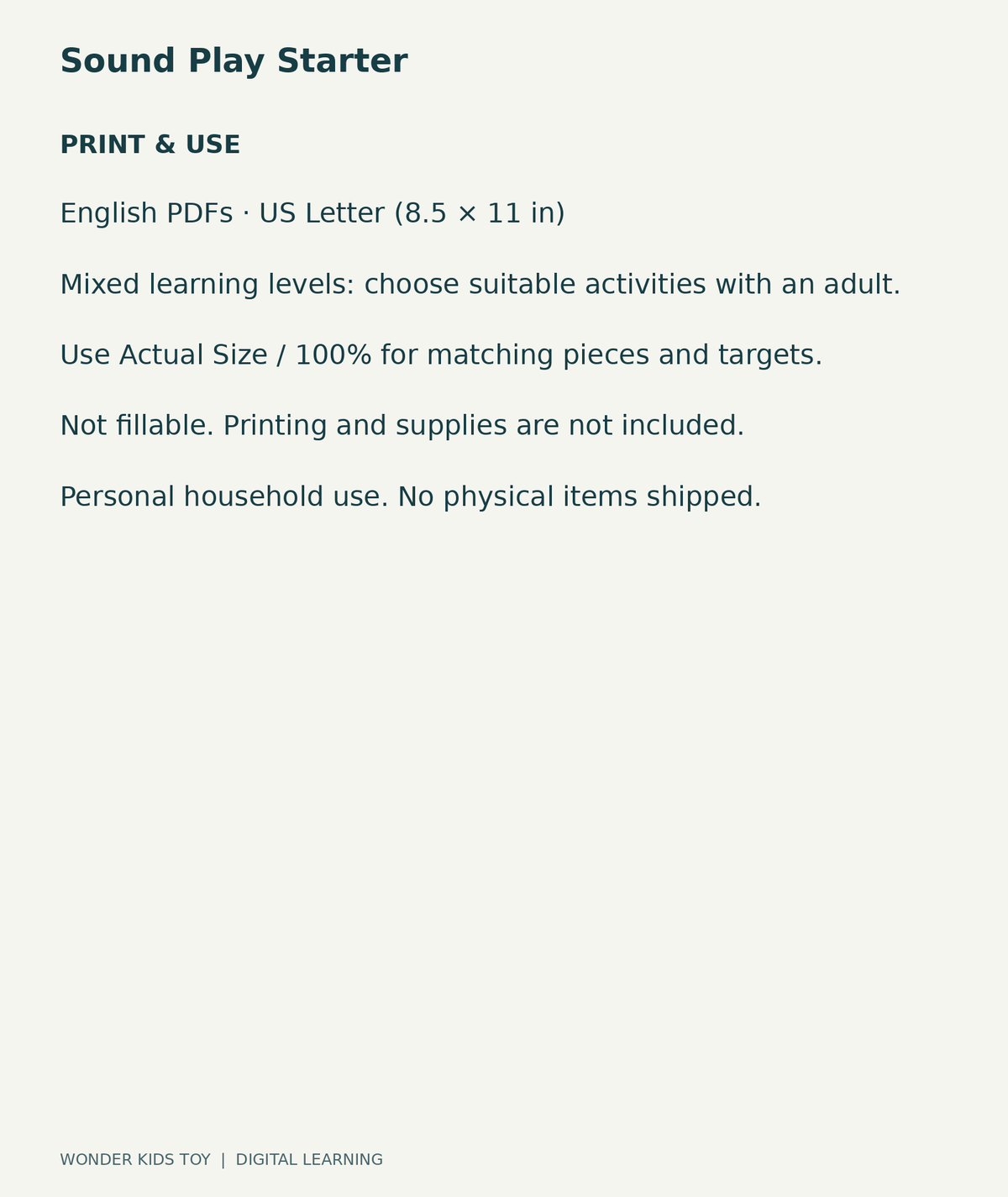Sound Play Starter: US Letter digital PDF print and household-use information