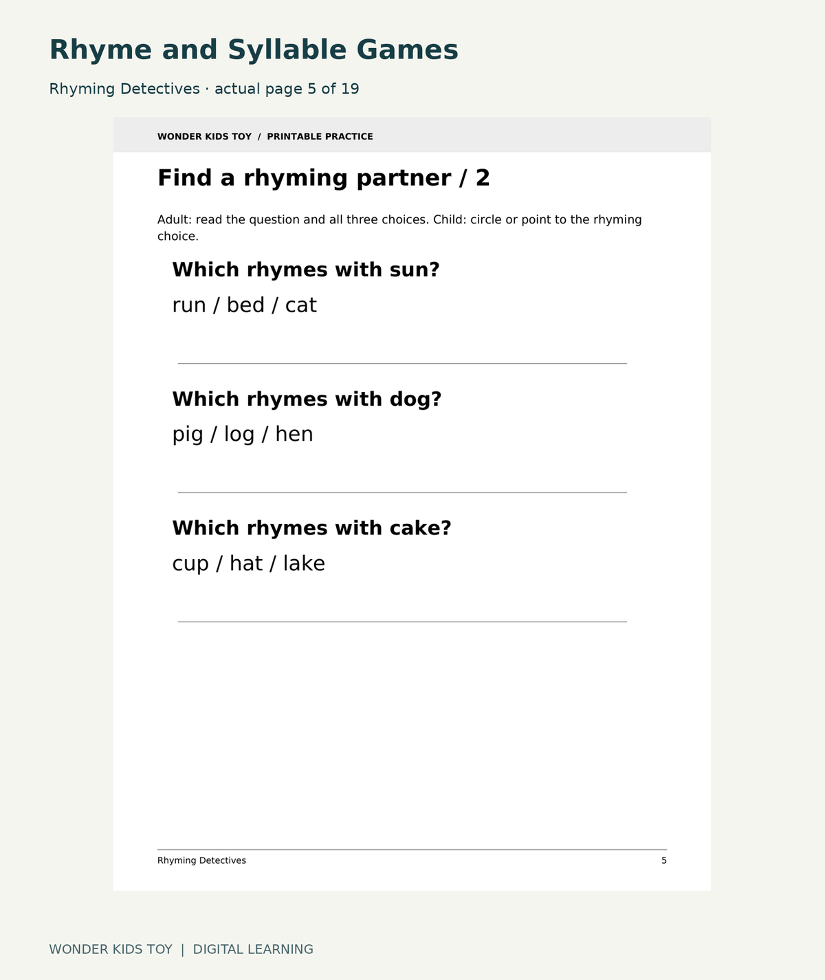 Rhyme and Syllable Games: Rhyming Detectives actual included page 5
