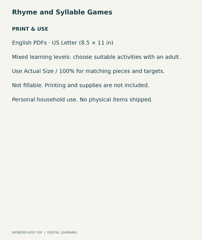Rhyme and Syllable Games: US Letter digital PDF print and household-use information