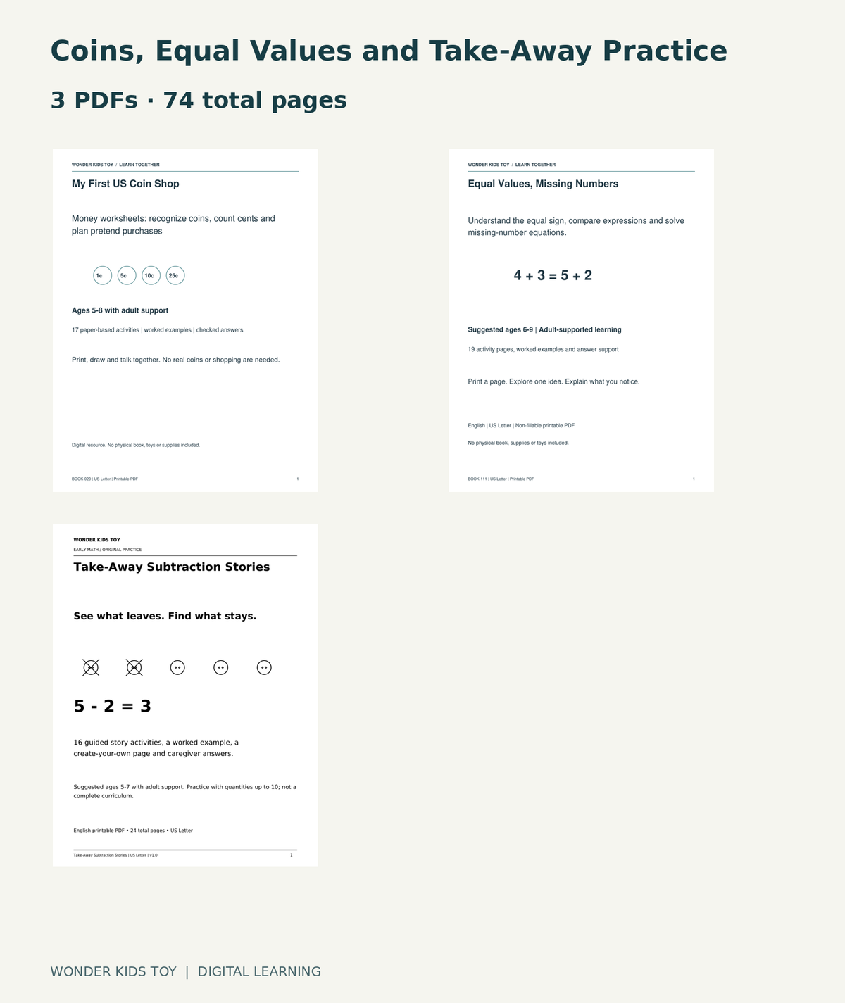 Coins, Equal Values and Take-Away Practice: actual included PDF covers