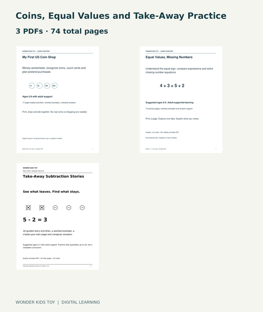 Coins, Equal Values and Take-Away Practice: actual included PDF covers
