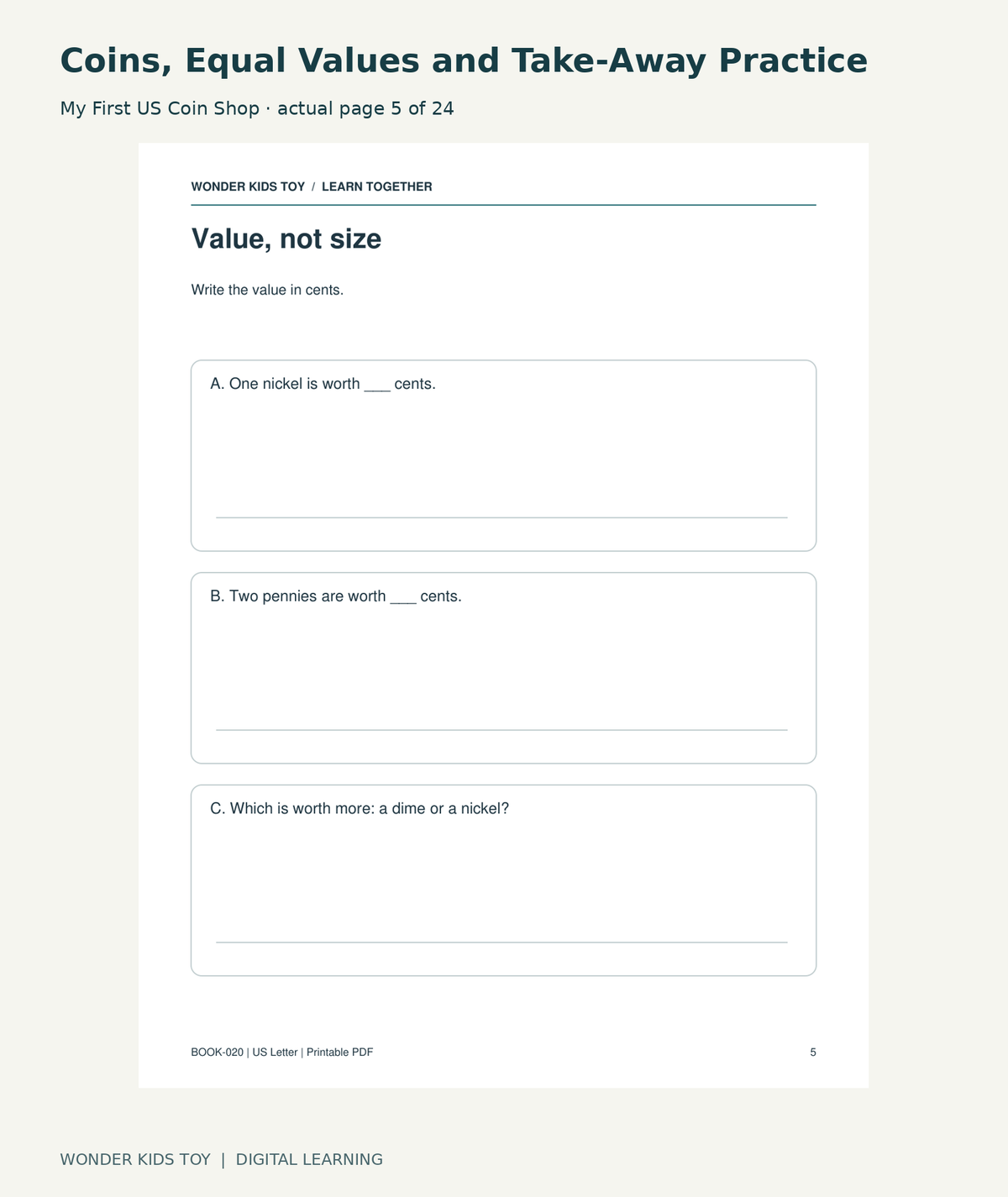 Coins, Equal Values and Take-Away Practice: My First US Coin Shop actual included page 5