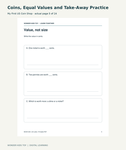 Coins, Equal Values and Take-Away Practice: My First US Coin Shop actual included page 5