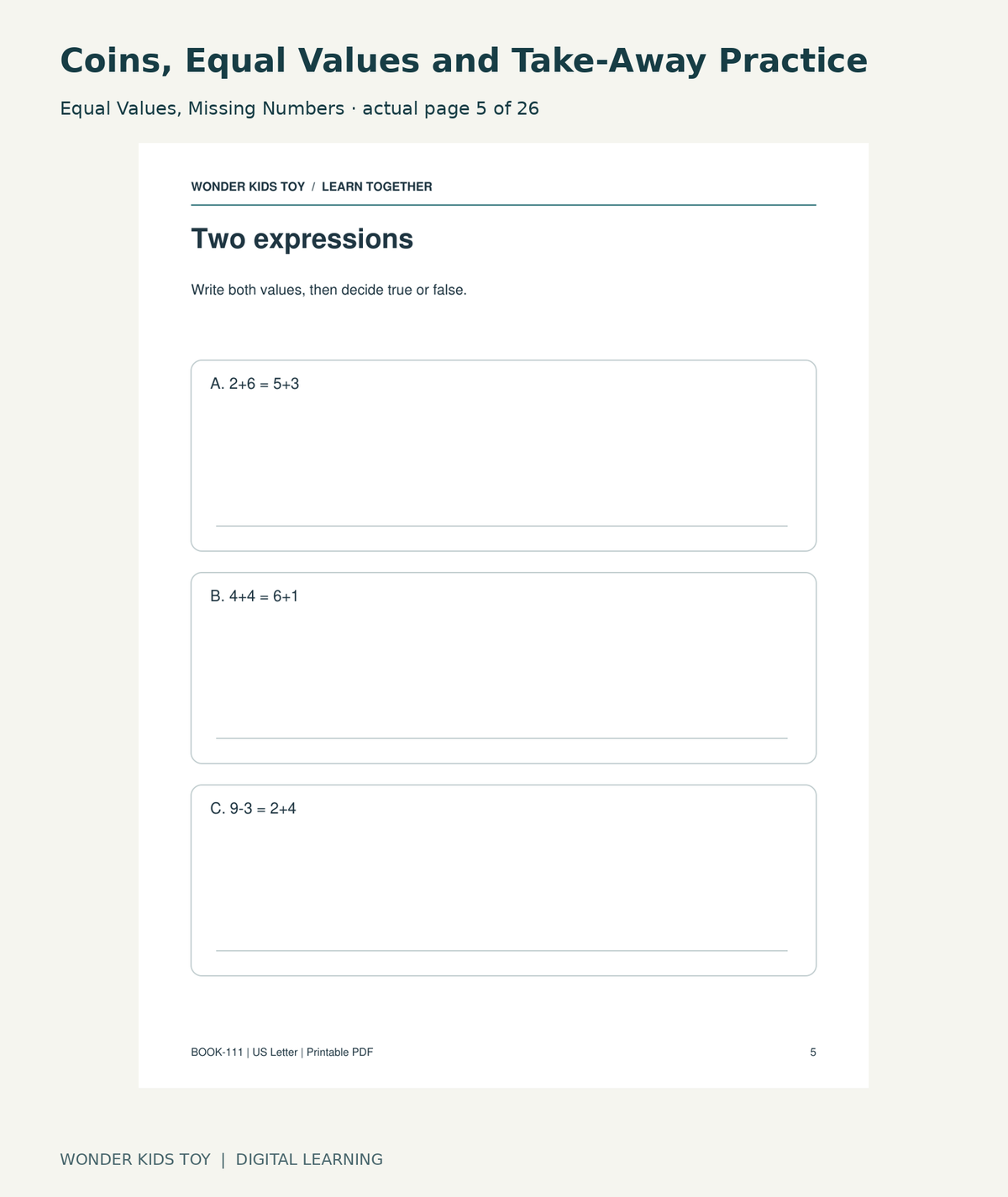 Coins, Equal Values and Take-Away Practice: Equal Values, Missing Numbers actual included page 5