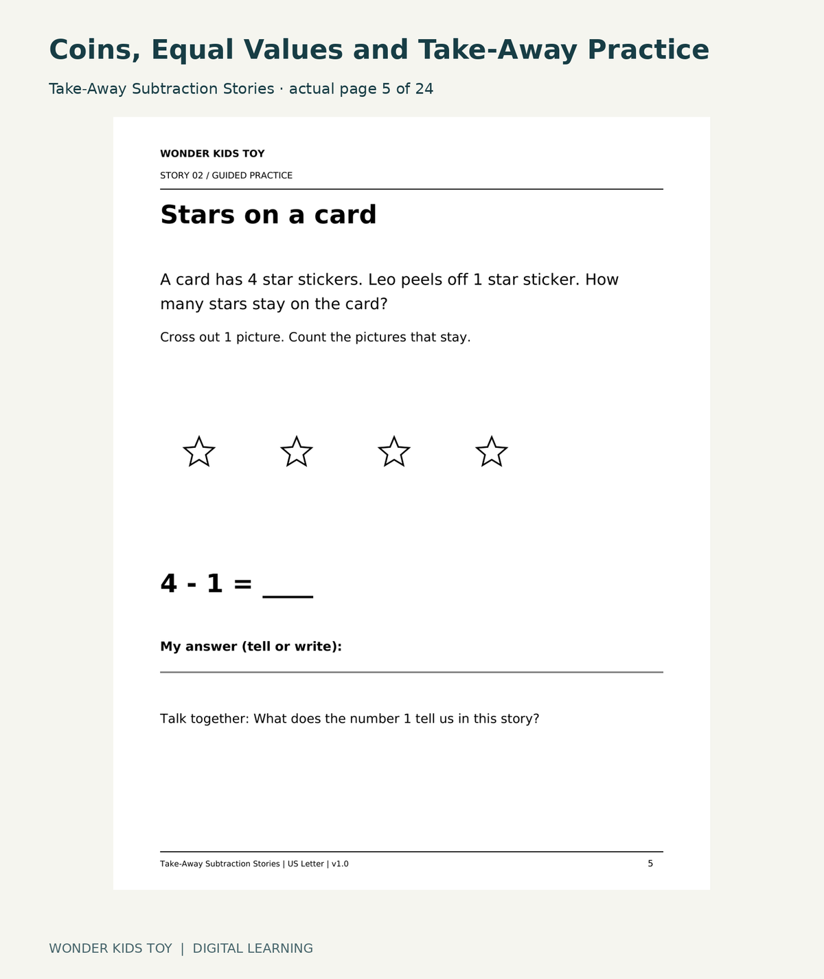 Coins, Equal Values and Take-Away Practice: Take-Away Subtraction Stories actual included page 5