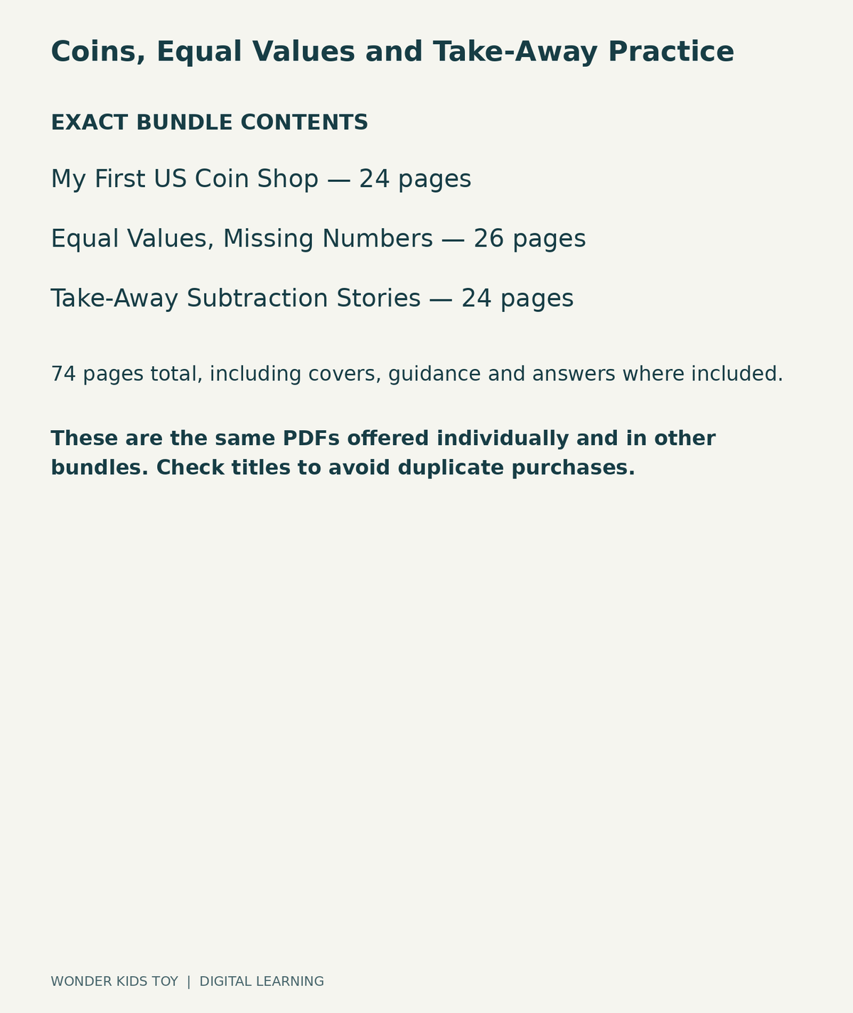 Coins, Equal Values and Take-Away Practice: exact contents, 3 PDFs and 74 total pages