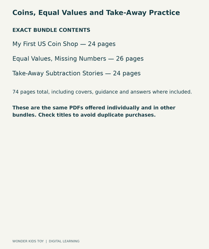 Coins, Equal Values and Take-Away Practice: exact contents, 3 PDFs and 74 total pages
