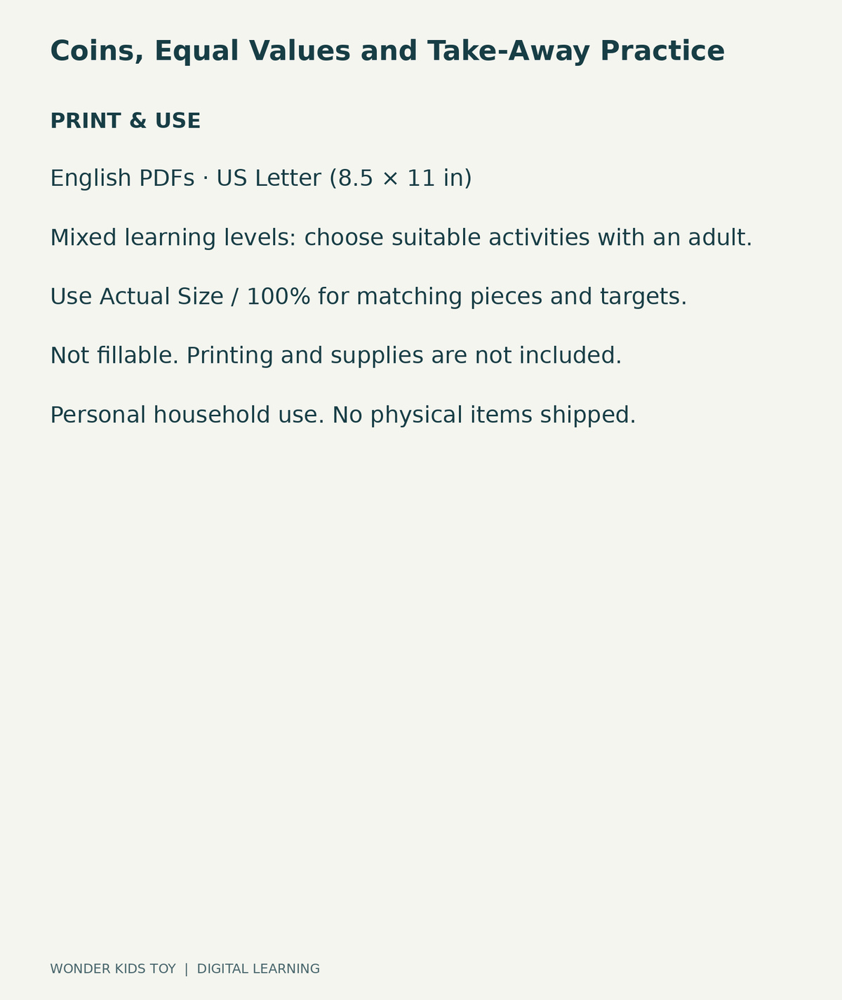 Coins, Equal Values and Take-Away Practice: US Letter digital PDF print and household-use information