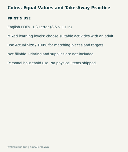 Coins, Equal Values and Take-Away Practice: US Letter digital PDF print and household-use information
