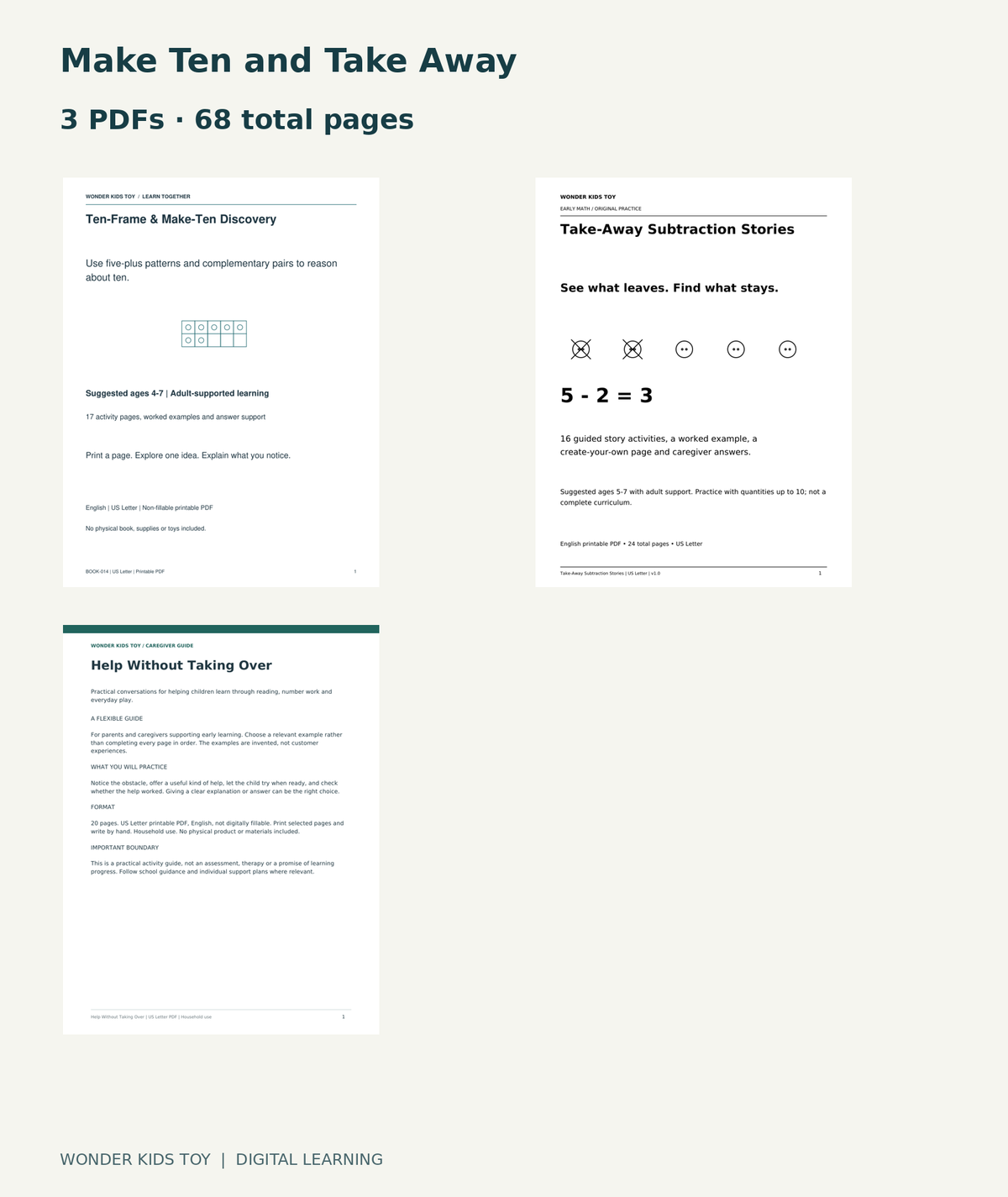 Make Ten and Take Away: actual included PDF covers