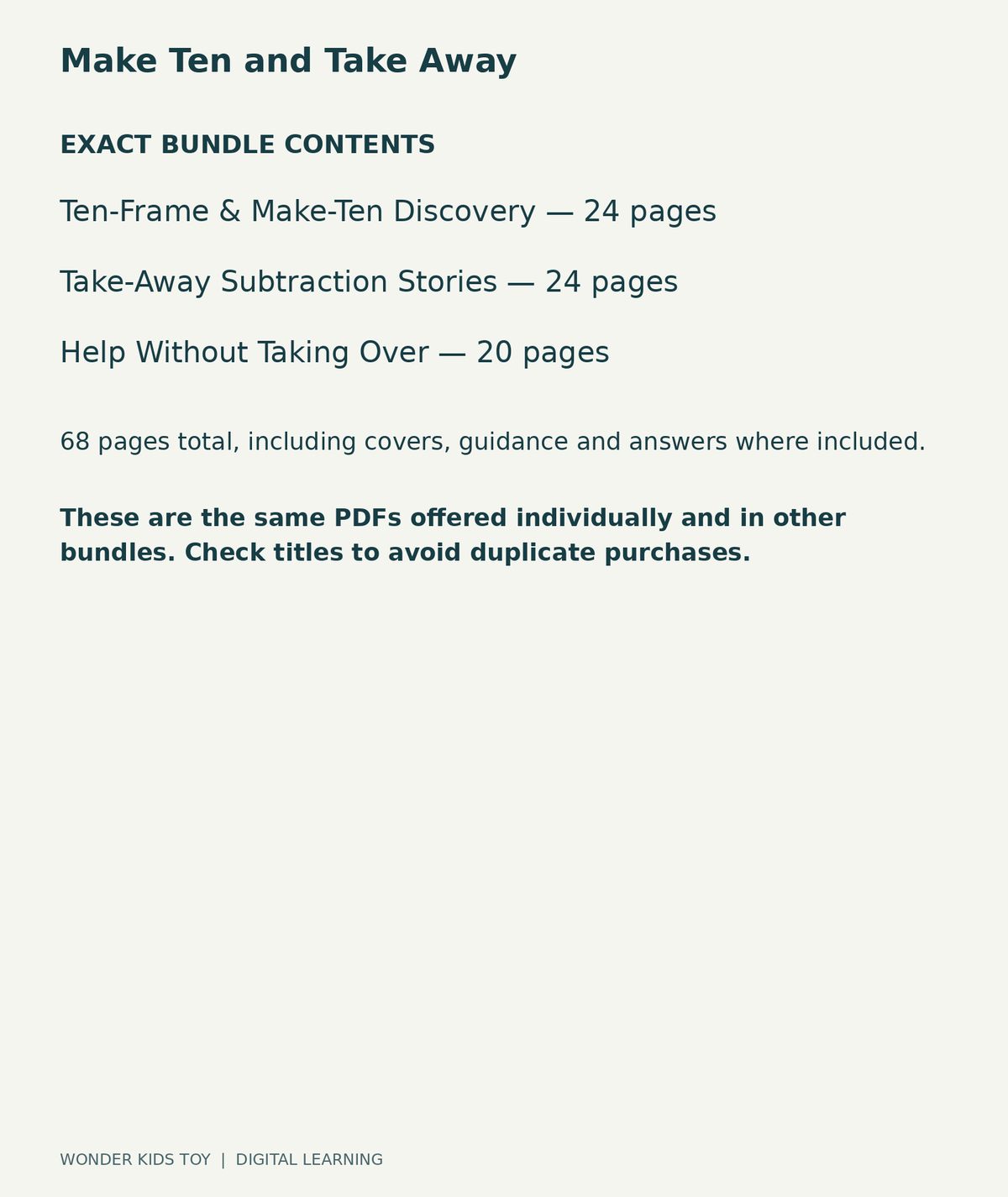 Make Ten and Take Away: exact contents, 3 PDFs and 68 total pages
