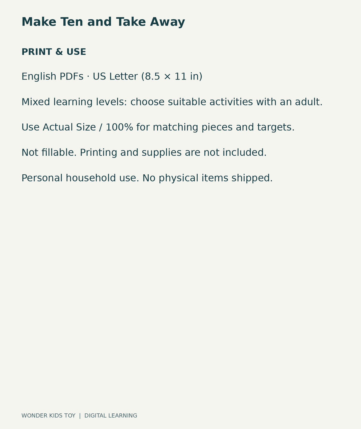 Make Ten and Take Away: US Letter digital PDF print and household-use information
