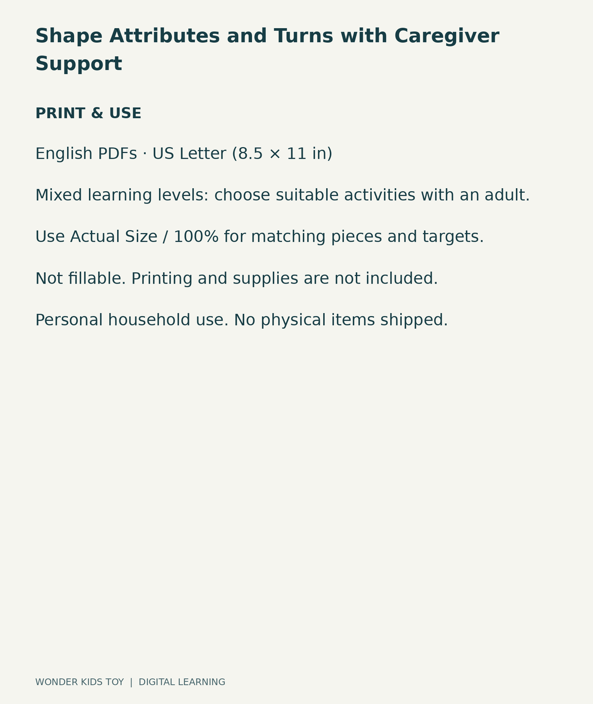 Shape Attributes and Turns with Caregiver Support: US Letter digital PDF print and household-use information