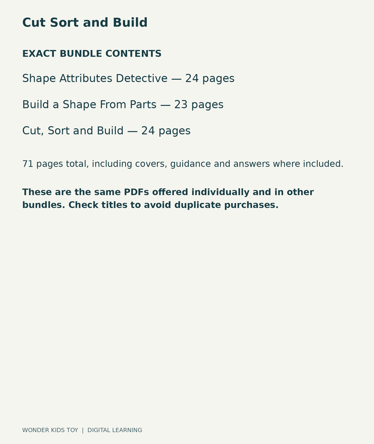 Cut Sort and Build: exact contents, 3 PDFs and 71 total pages
