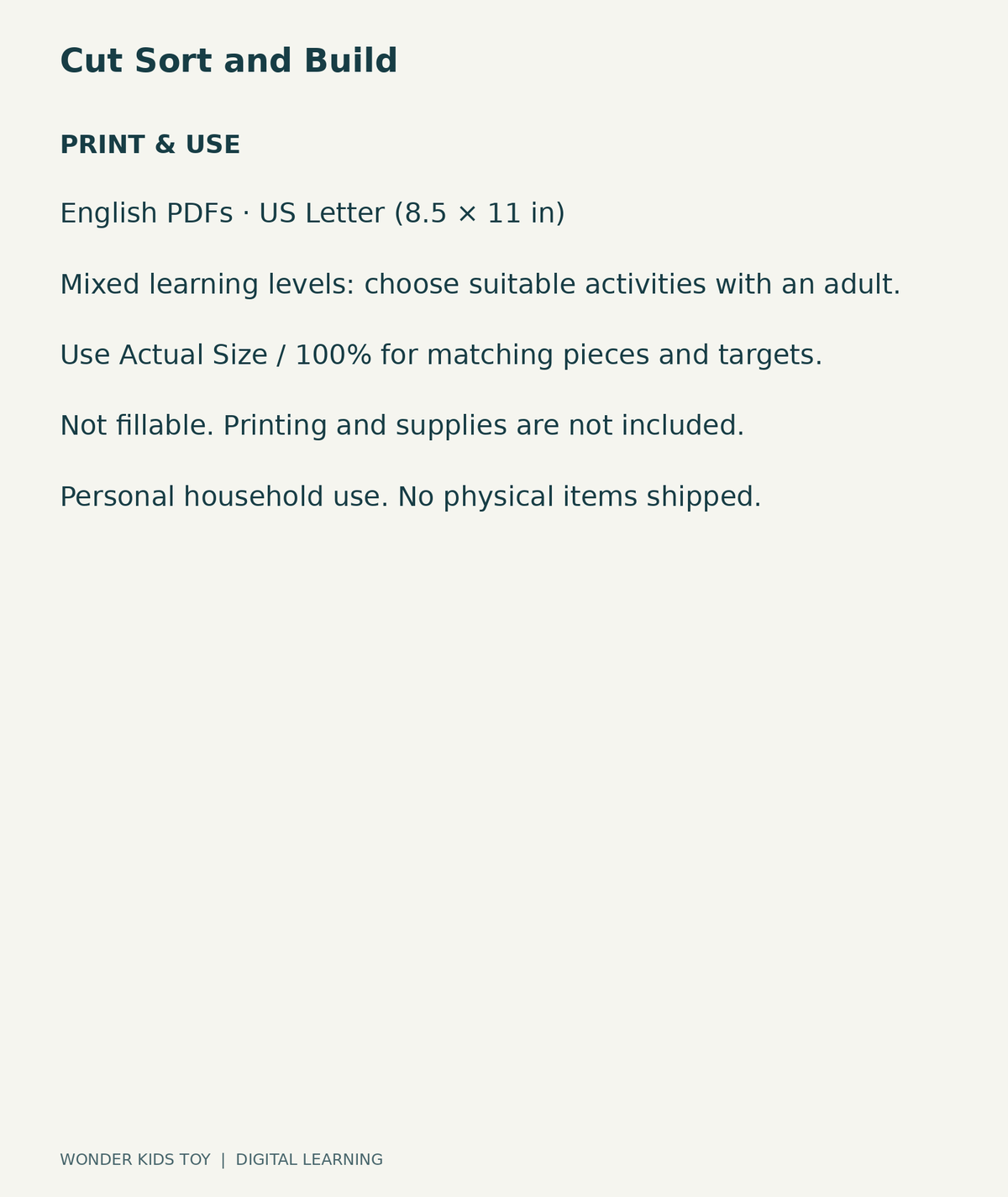 Cut Sort and Build: US Letter digital PDF print and household-use information