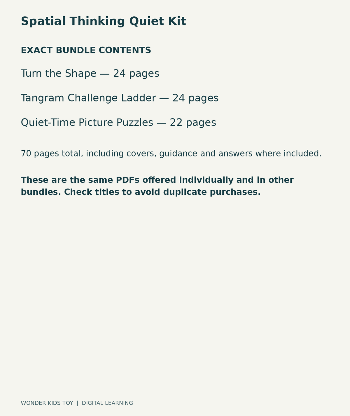 Spatial Thinking Quiet Kit: exact contents, 3 PDFs and 70 total pages