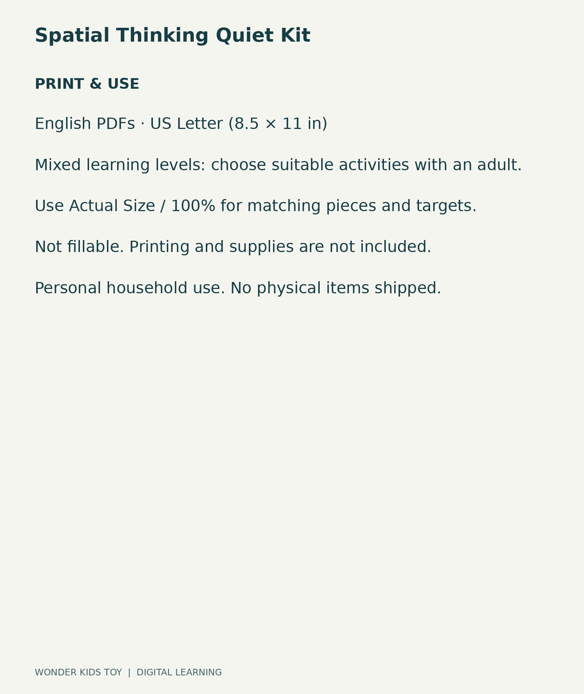 Spatial Thinking Quiet Kit: US Letter digital PDF print and household-use information