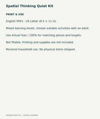 Spatial Thinking Quiet Kit: US Letter digital PDF print and household-use information