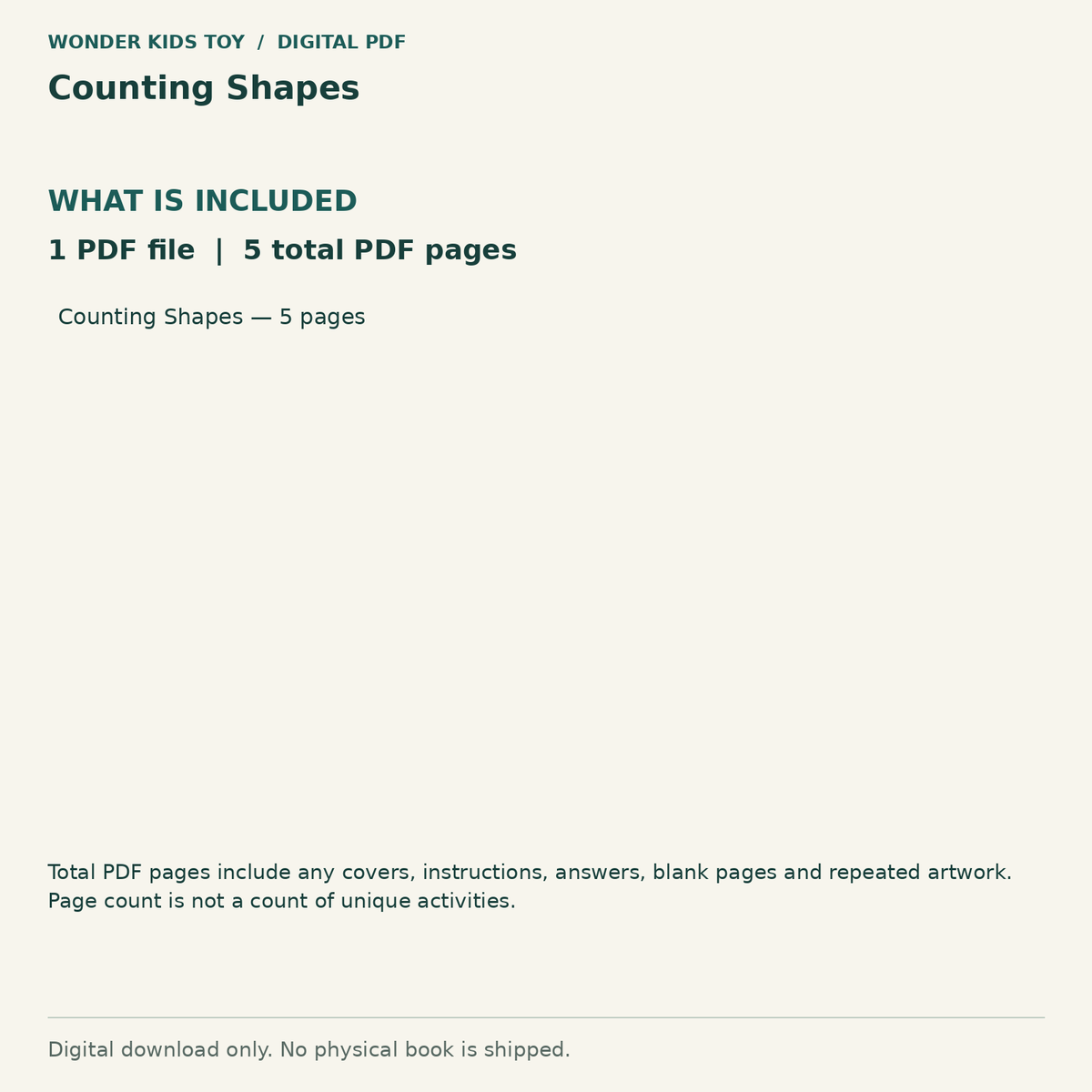 Counting Shapes: Contents: 1 PDF files, 5 total PDF pages. Digital only; no physical book.