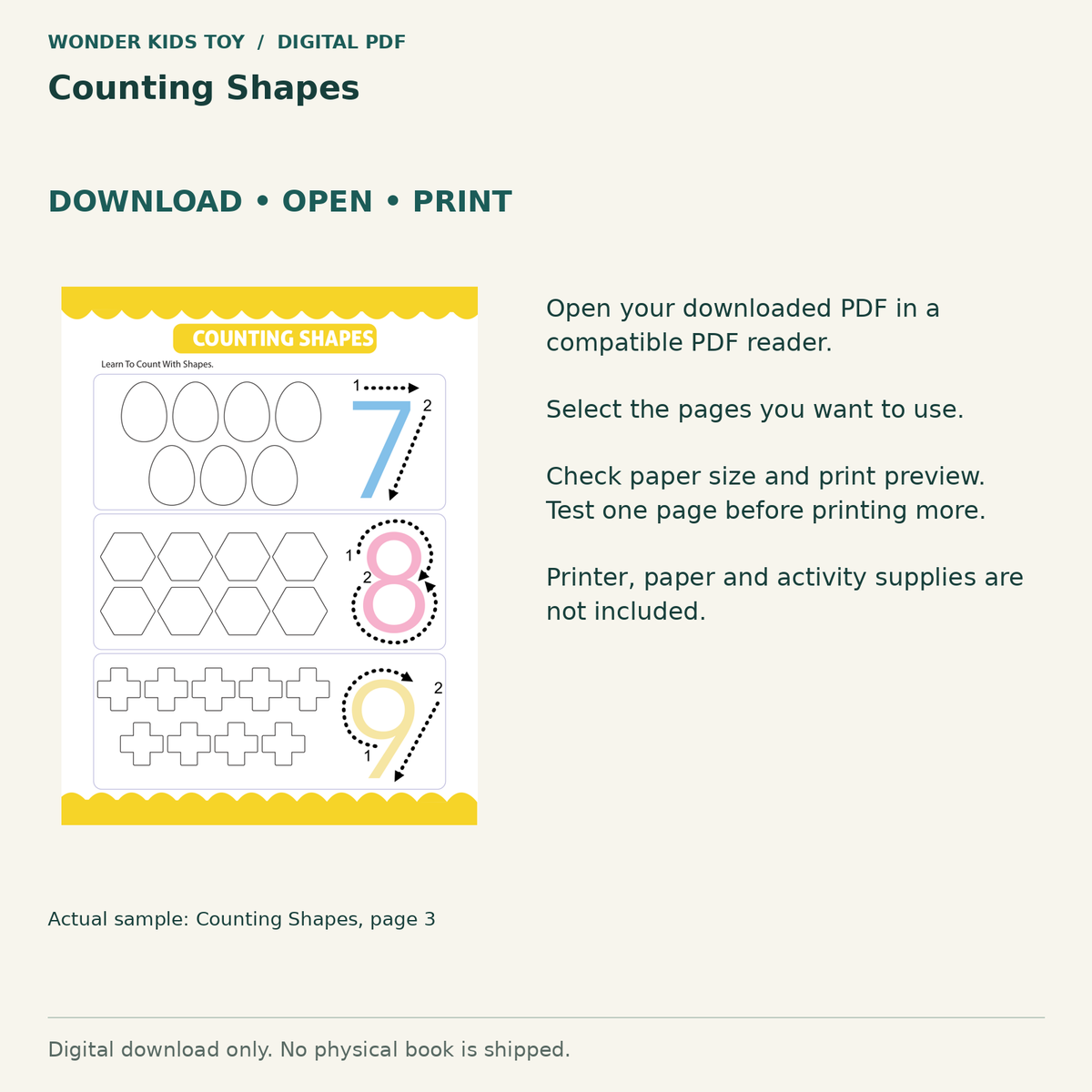 Counting Shapes: Download, open and print guidance with an actual PDF page preview. Digital only; no physical book.