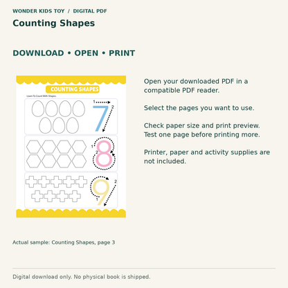 Counting Shapes: Download, open and print guidance with an actual PDF page preview. Digital only; no physical book.