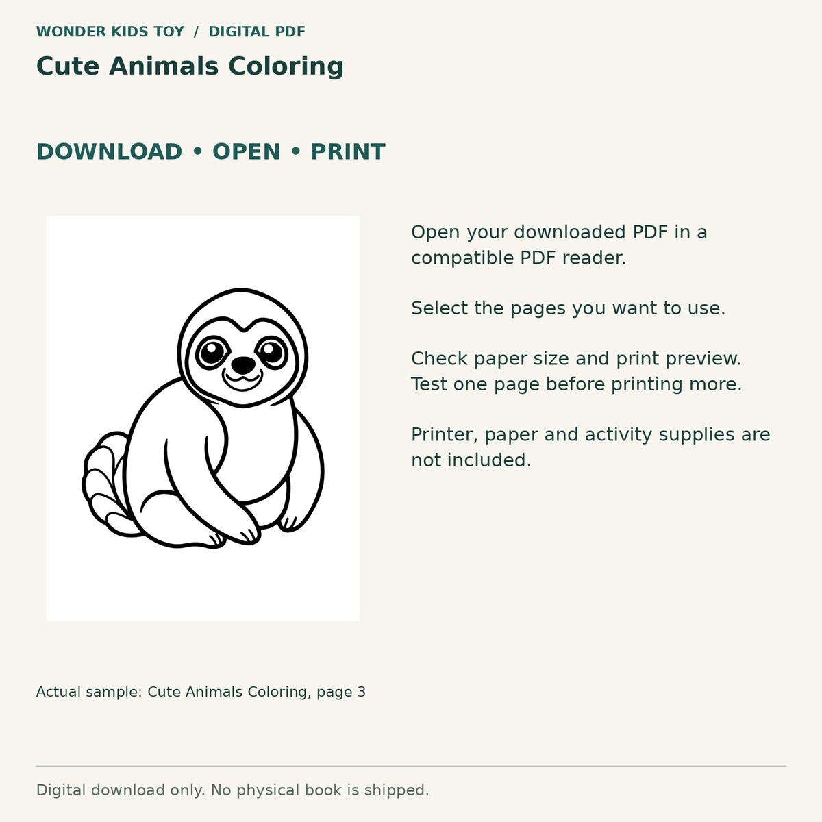 Cute Animals Coloring: Download, open and print guidance with an actual PDF page preview. Digital only; no physical book.