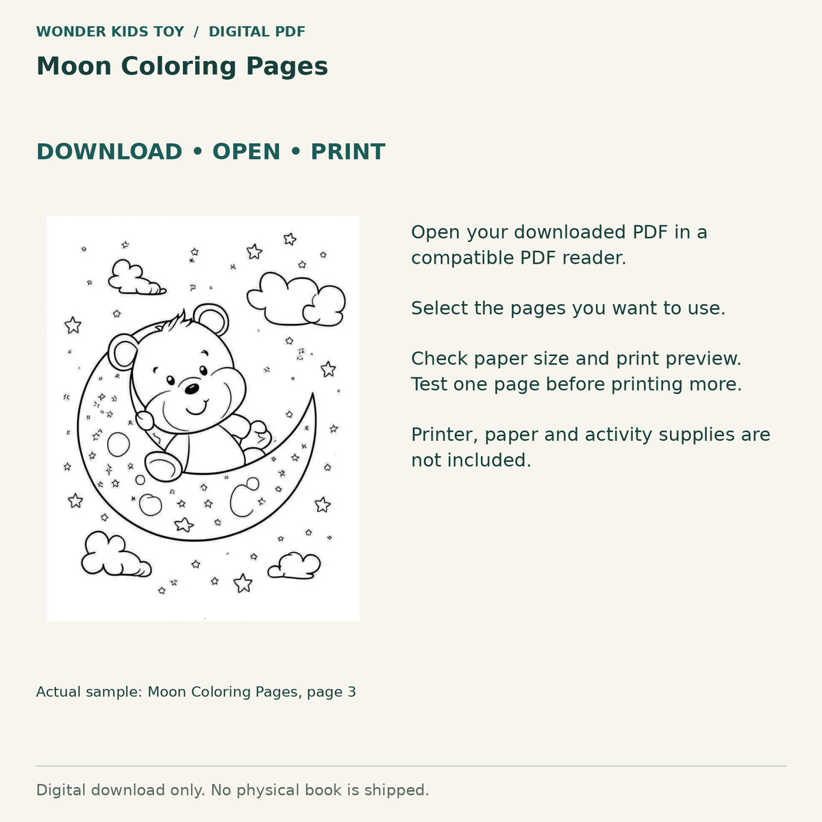 Moon Coloring Pages: Download, open and print guidance with an actual PDF page preview. Digital only; no physical book.