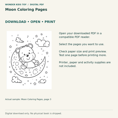 Moon Coloring Pages: Download, open and print guidance with an actual PDF page preview. Digital only; no physical book.