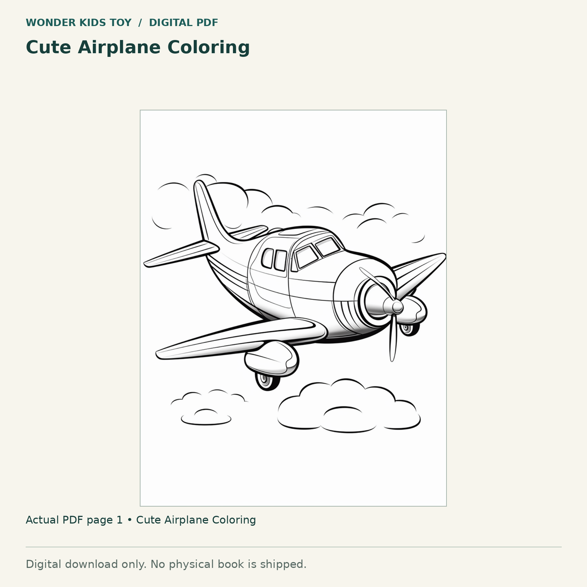 Cute Airplane Coloring: actual page 1 from Cute Airplane Coloring. Digital only; no physical book.