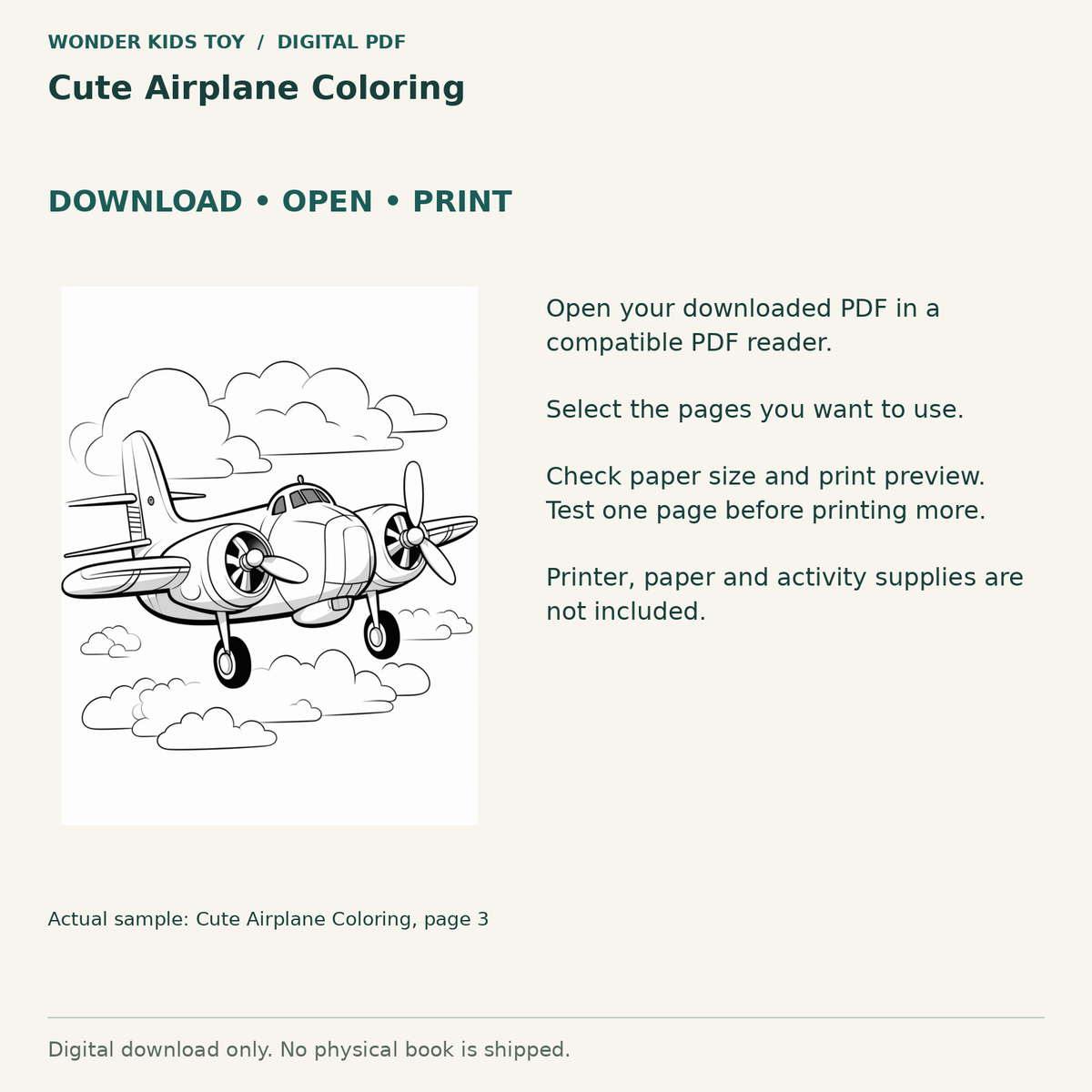 Cute Airplane Coloring: Download, open and print guidance with an actual PDF page preview. Digital only; no physical book.