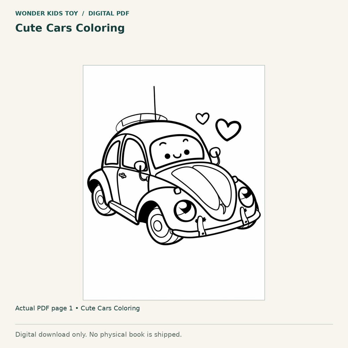 Cute Cars Coloring: actual page 1 from Cute Cars Coloring. Digital only; no physical book.