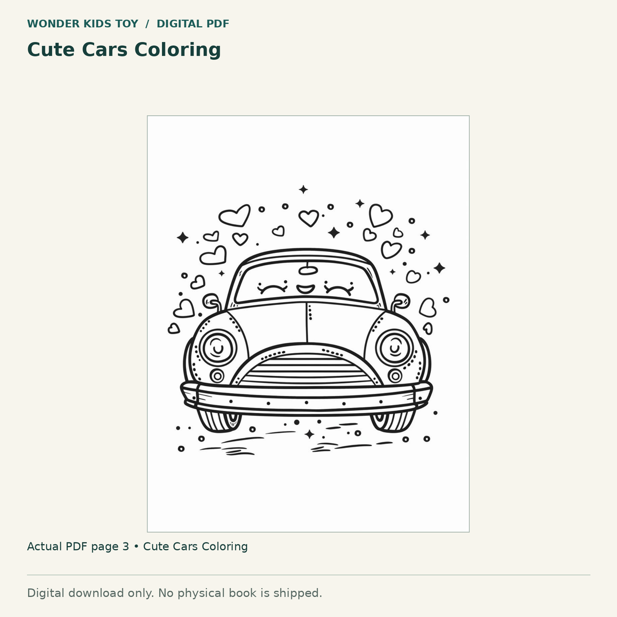 Cute Cars Coloring: actual page 3 from Cute Cars Coloring. Digital only; no physical book.