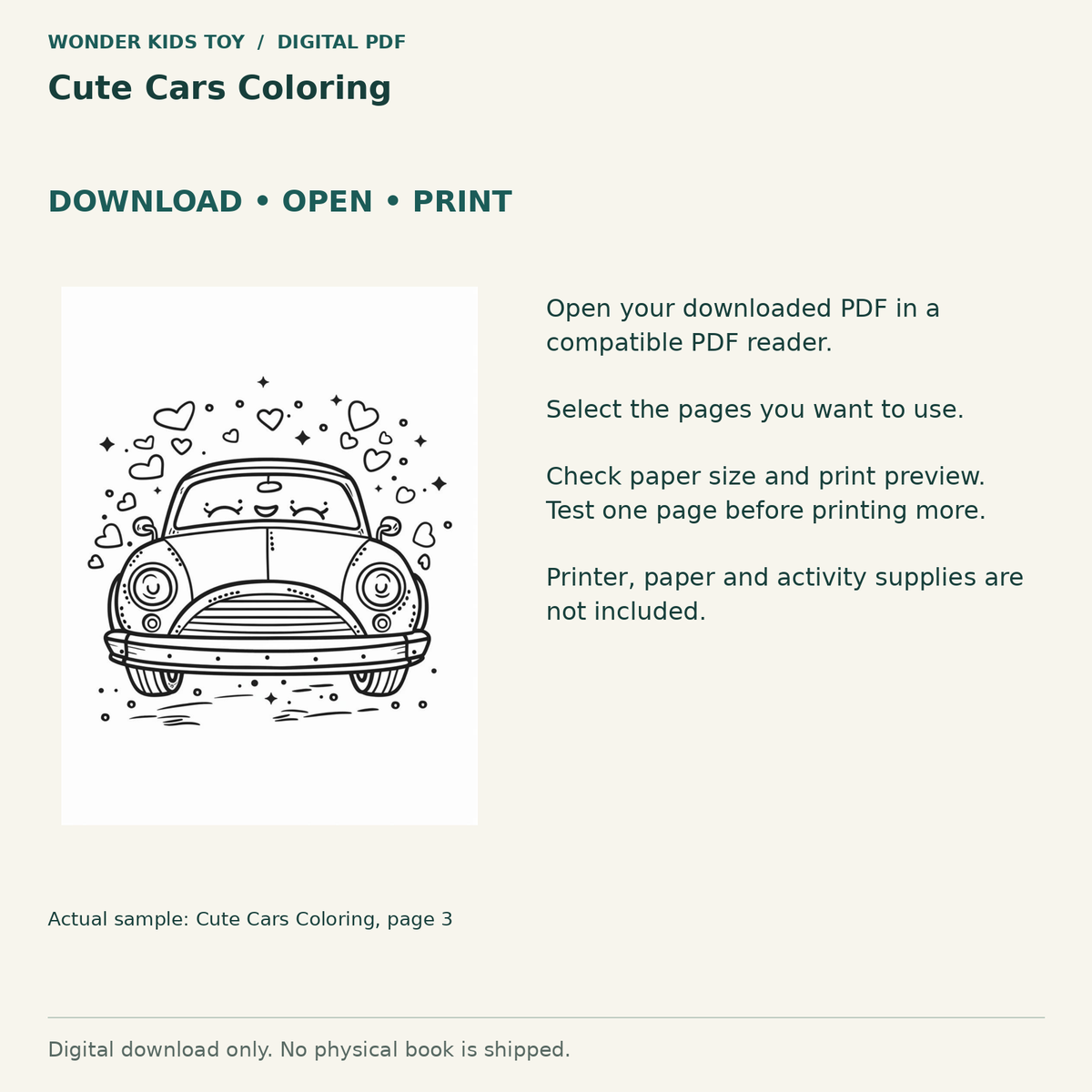 Cute Cars Coloring: Download, open and print guidance with an actual PDF page preview. Digital only; no physical book.