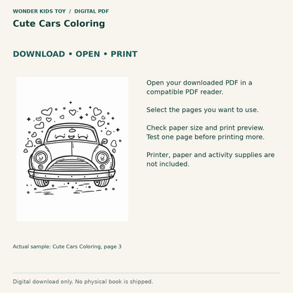 Cute Cars Coloring: Download, open and print guidance with an actual PDF page preview. Digital only; no physical book.