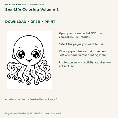 Sea Life Coloring Volume 1: Download, open and print guidance with an actual PDF page preview. Digital only; no physical book.