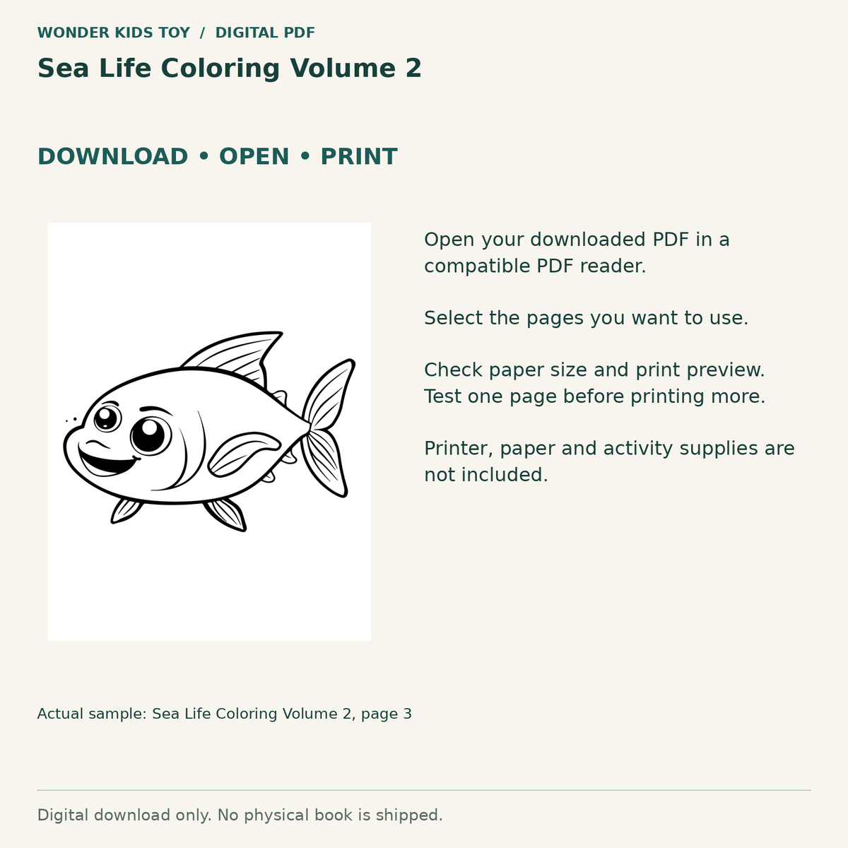 Sea Life Coloring Volume 2: Download, open and print guidance with an actual PDF page preview. Digital only; no physical book.
