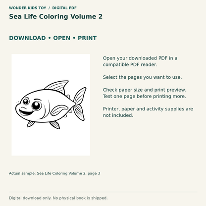 Sea Life Coloring Volume 2: Download, open and print guidance with an actual PDF page preview. Digital only; no physical book.