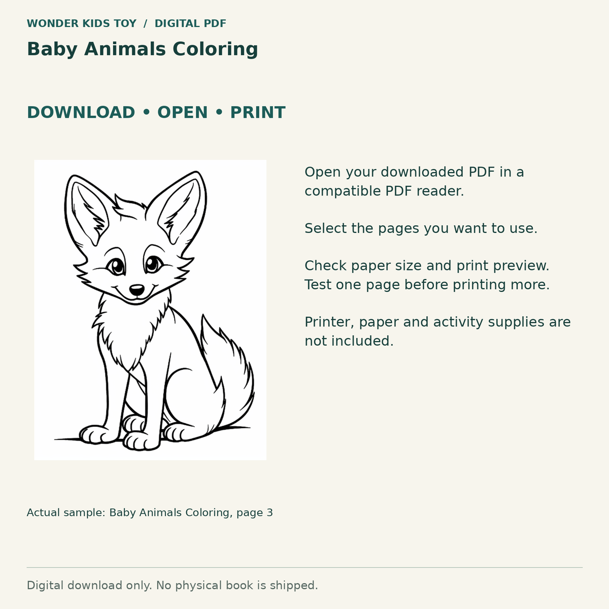Baby Animals Coloring: Download, open and print guidance with an actual PDF page preview. Digital only; no physical book.