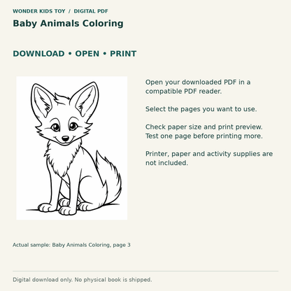 Baby Animals Coloring: Download, open and print guidance with an actual PDF page preview. Digital only; no physical book.
