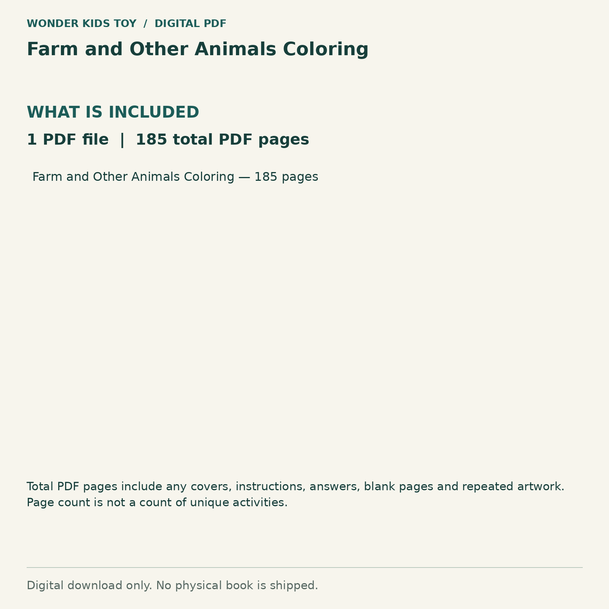 Farm and Other Animals Coloring: Contents: 1 PDF files, 185 total PDF pages. Digital only; no physical book.