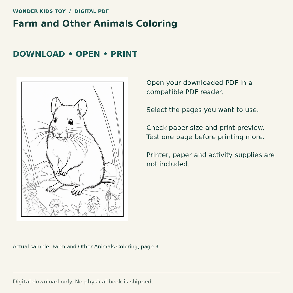 Farm and Other Animals Coloring: Download, open and print guidance with an actual PDF page preview. Digital only; no physical book.