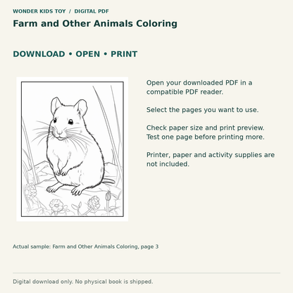 Farm and Other Animals Coloring: Download, open and print guidance with an actual PDF page preview. Digital only; no physical book.