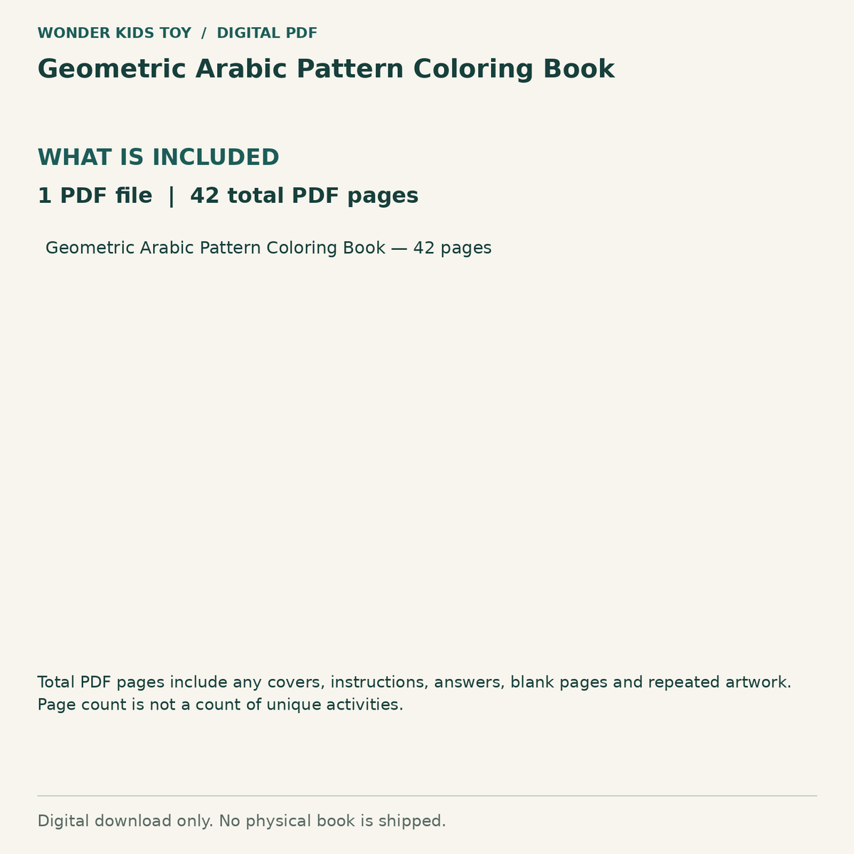 Geometric Arabic Pattern Coloring Book: Contents: 1 PDF files, 42 total PDF pages. Digital only; no physical book.