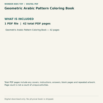 Geometric Arabic Pattern Coloring Book: Contents: 1 PDF files, 42 total PDF pages. Digital only; no physical book.