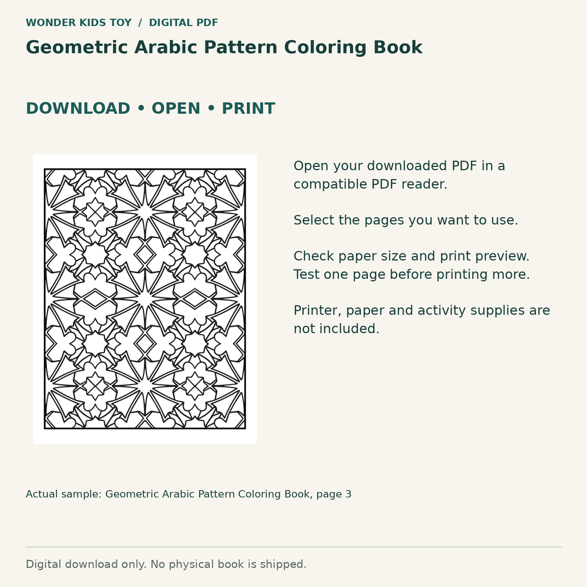 Geometric Arabic Pattern Coloring Book: Download, open and print guidance with an actual PDF page preview. Digital only; no physical book.