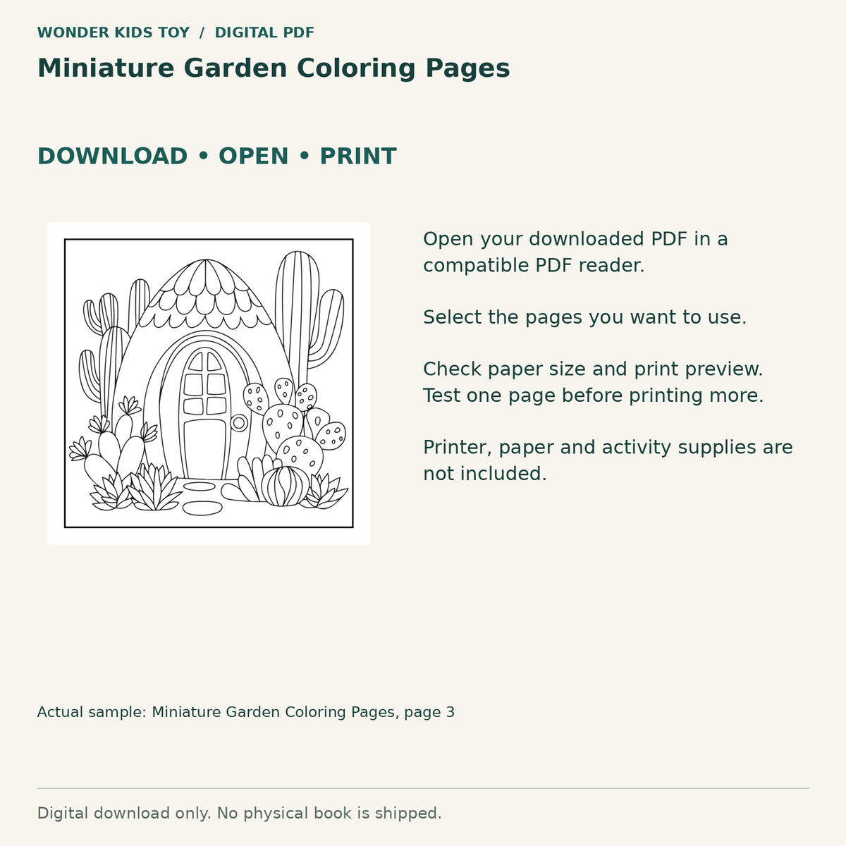 Miniature Garden Coloring Pages: Download, open and print guidance with an actual PDF page preview. Digital only; no physical book.