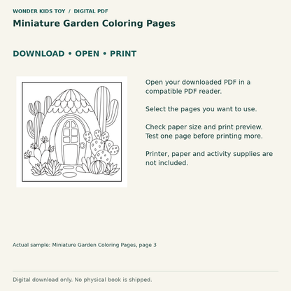 Miniature Garden Coloring Pages: Download, open and print guidance with an actual PDF page preview. Digital only; no physical book.